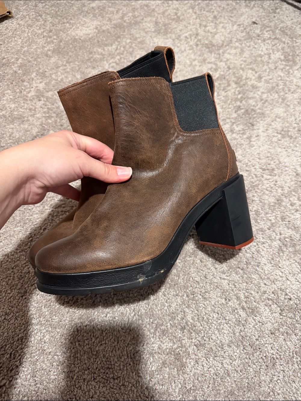 Brown Sorel Leather Chelsea Block Heel Ankle Boots - Women - Picture 3 of 6